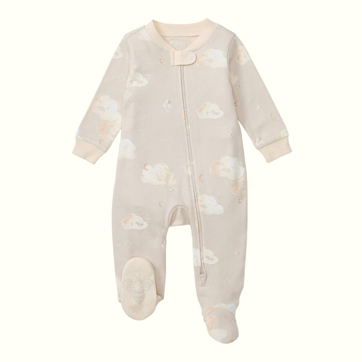 A beige baby sleeper with long sleeves, footed design, and a cloud pattern, featuring a two-way zipper and snap tab at the neckline.