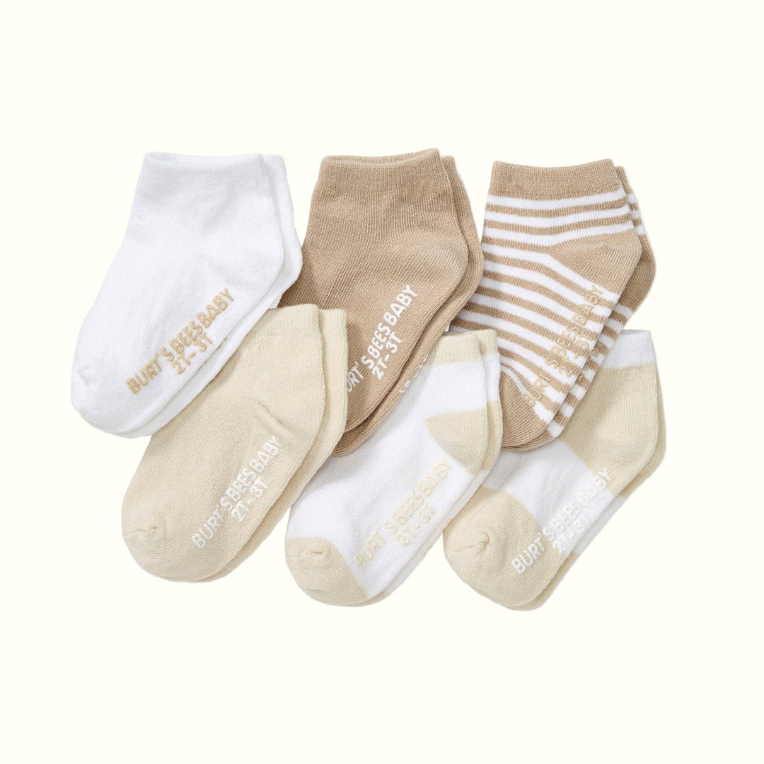 Set of baby socks with 'Burt's Bees Baby' branding on a white background