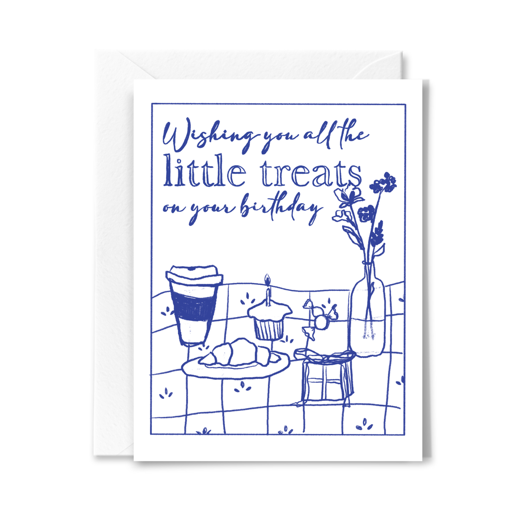 blue sketched artwork birthday card with flowers and sweet treats