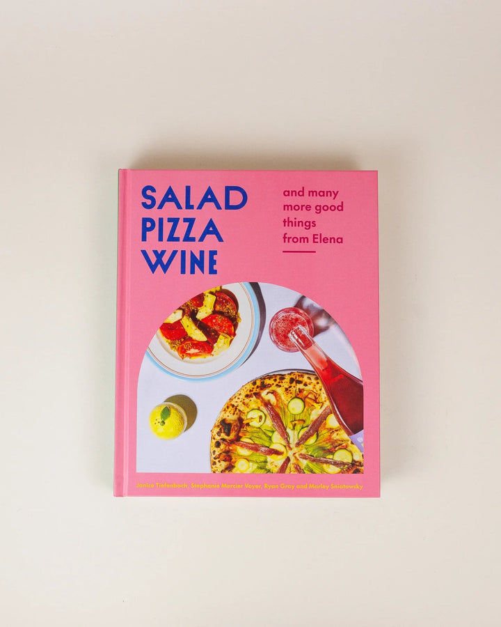 Book titled 'Salad Pizza Wine' on a light beige background