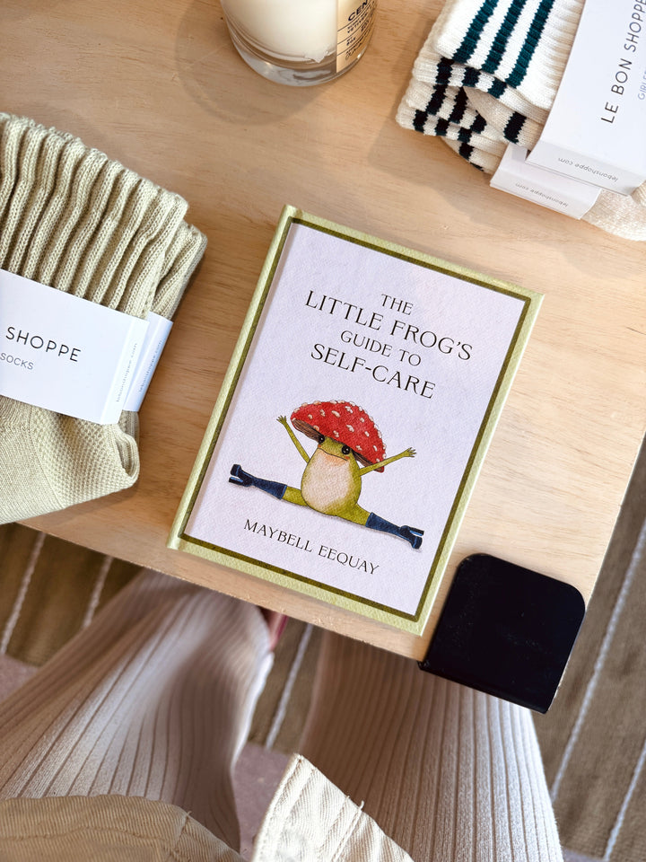 Book titled 'The Little Frog's Guide to Self-Care' on a wooden surface.