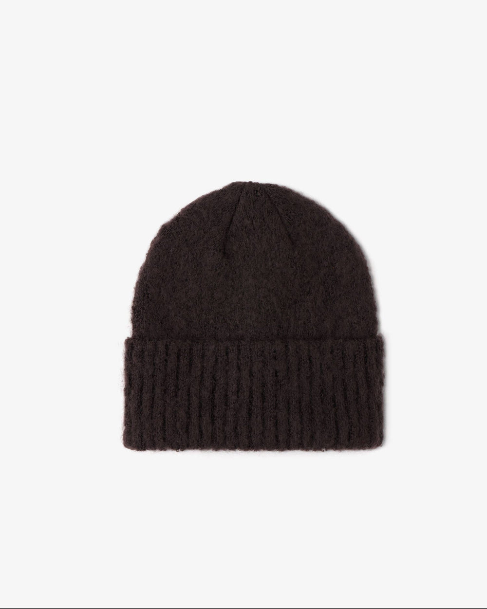 Black knit beanie on a white background