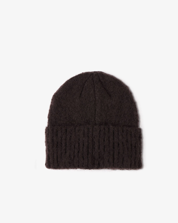 Dark brown knit beanie on a light gray background