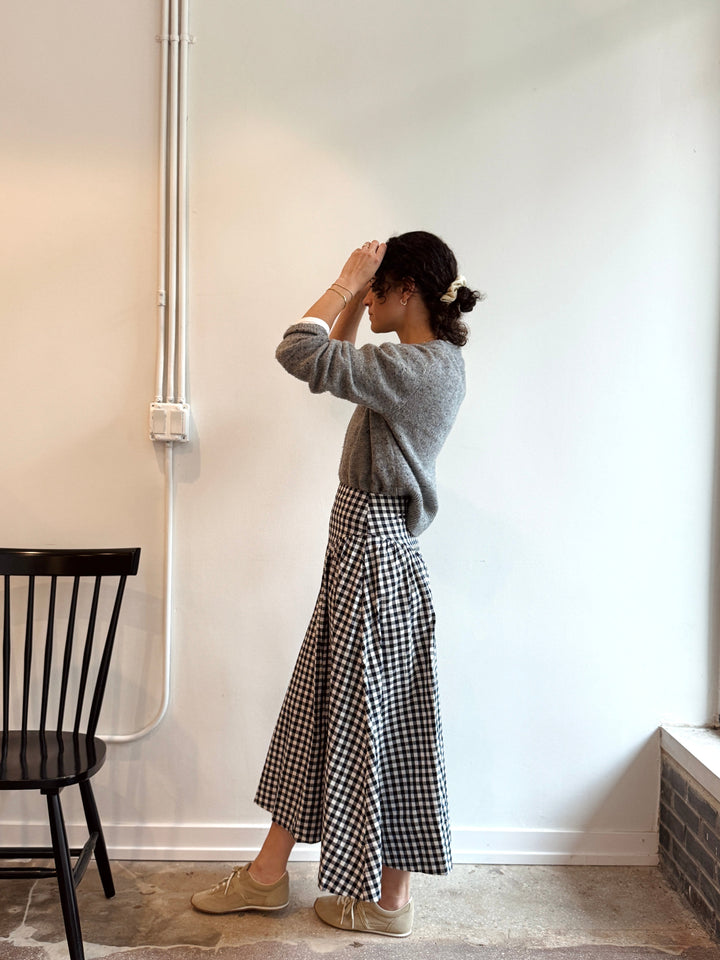 Gathered Gingham Midi Skirt