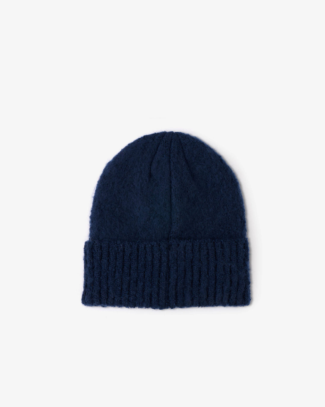 Navy blue knit beanie on a white background