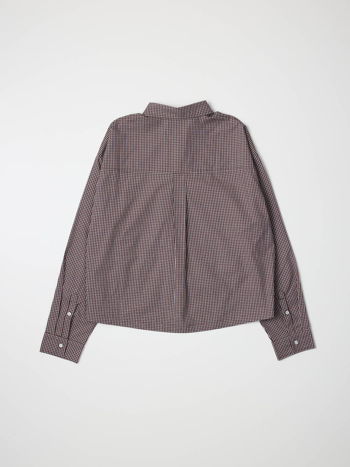 Back view of a brown checkered shirt on a white background