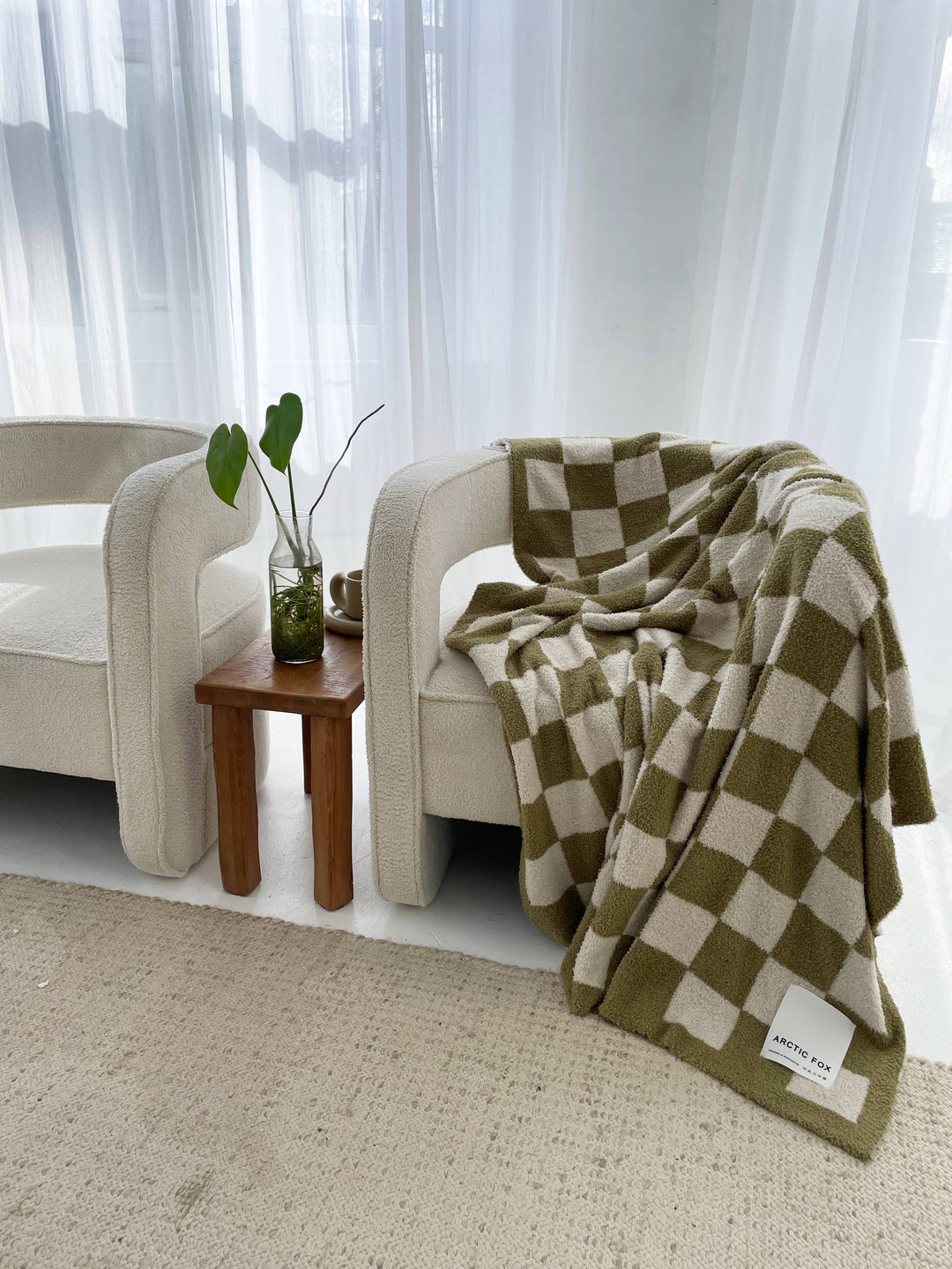 Checkered blanket draped over a chair in a room with a couch and plant.