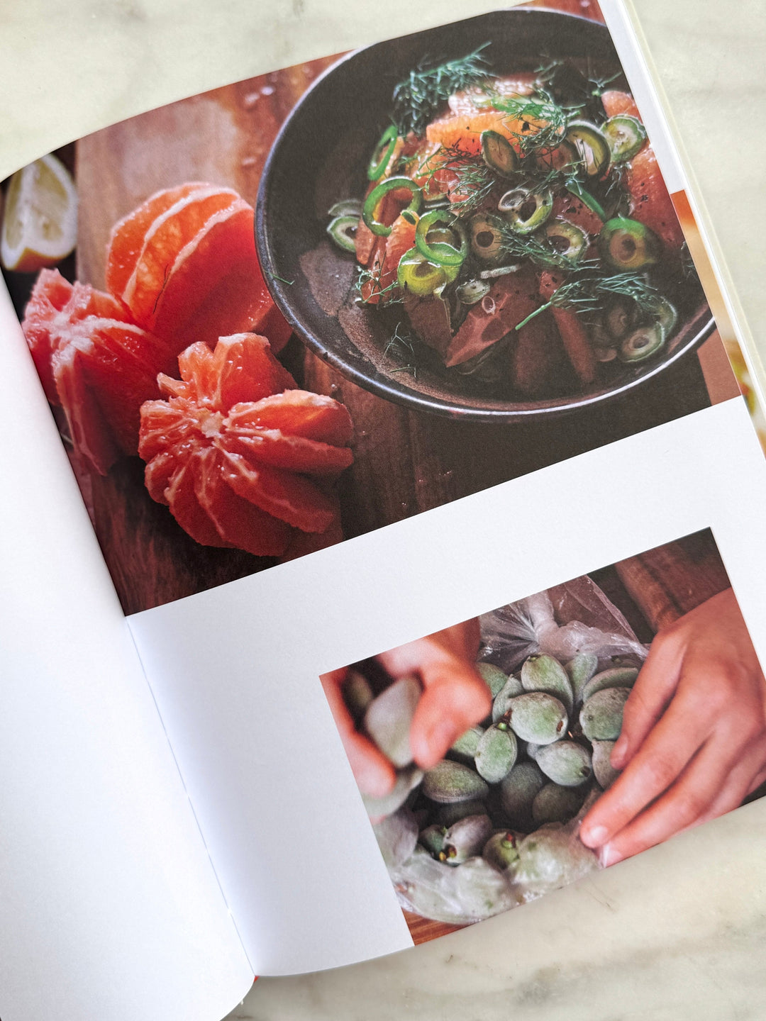 Open book showing images of food, including a dish with vegetables and a close-up of hands holding green vegetables.