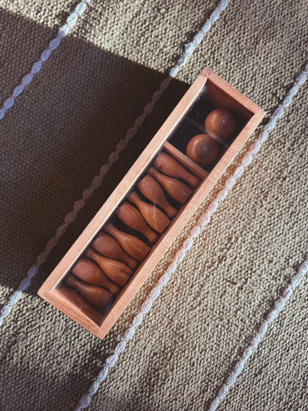 Wooden box with wooden mini bowling set 