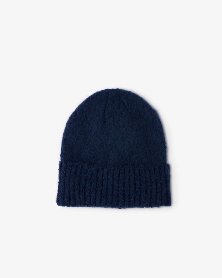 Navy blue beanie on a white background