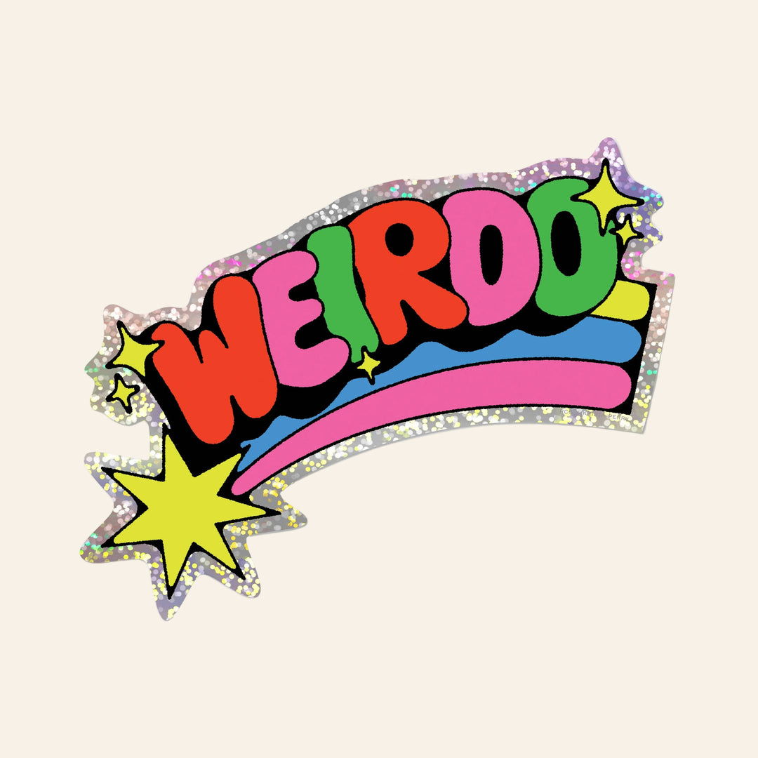 Colorful 'WEIRDO' graphic with stars on a white background