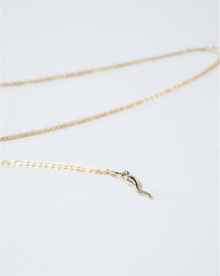 Gold necklace with a small italian horn pendant on a light gray background