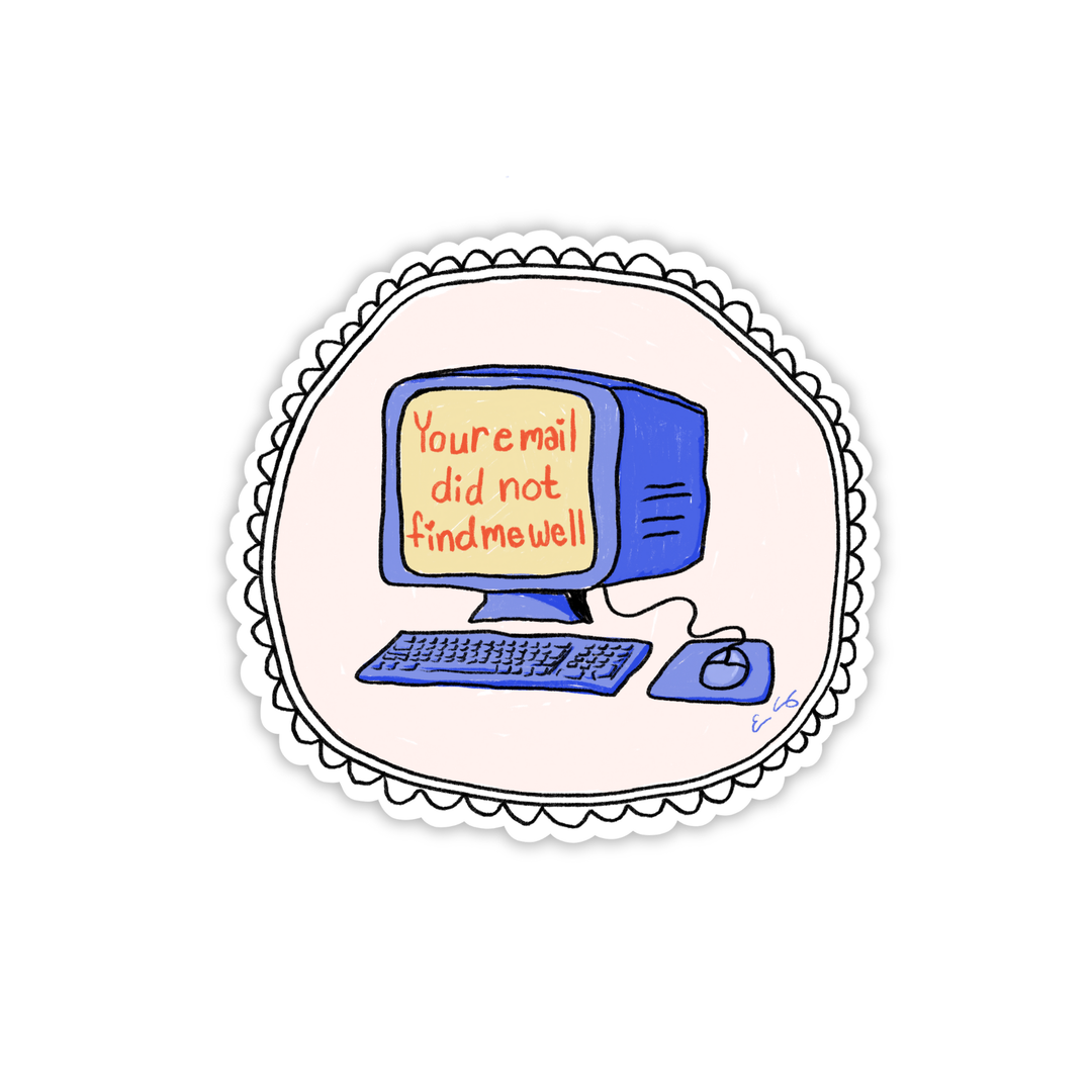 Cartoon computer with text 'Your mail did not find me well' on a white background