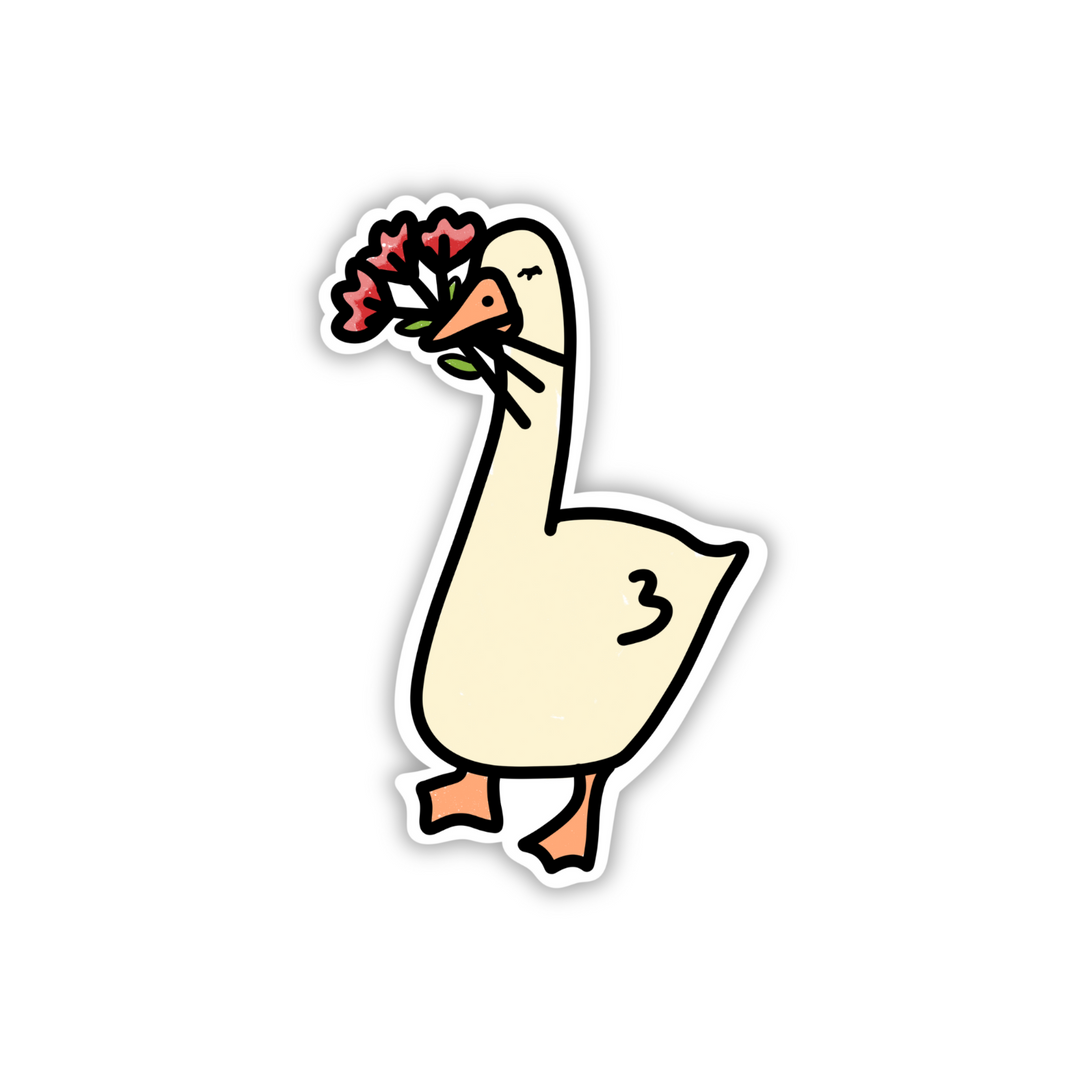 Cartoon goose holding flowers on a white background